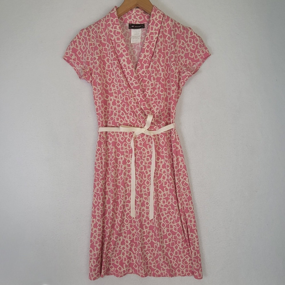 Jodi Kristopher Vintage Pink Geometric Belted Dress Women's Medium Retro